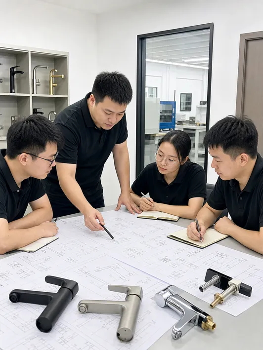 Wfaucet R&D engineering team reviewing faucet design drawings