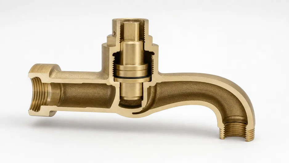 C36000 free-machining brass faucet body cross-section showing wall thickness and internal passages