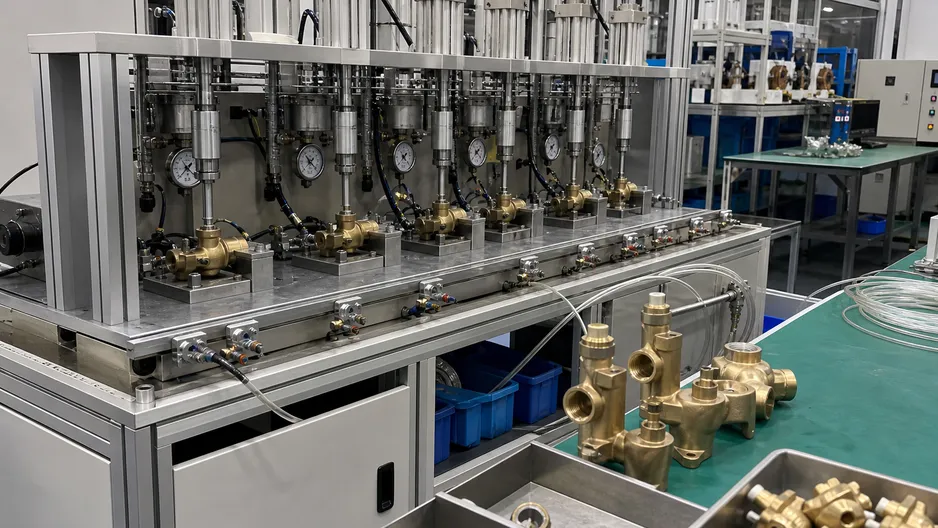Ceramic disc cartridge endurance testing setup showing 500000-cycle validation equipment