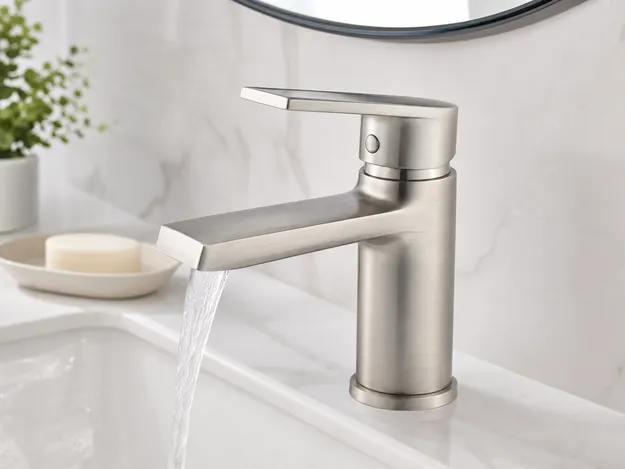 Brushed nickel finish bathroom faucet showing satin texture from three-layer electroplating process