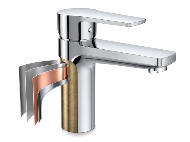 Chrome finish bathroom faucet showing three-layer electroplating stack with copper base, nickel mid-coat, and chrome top coat