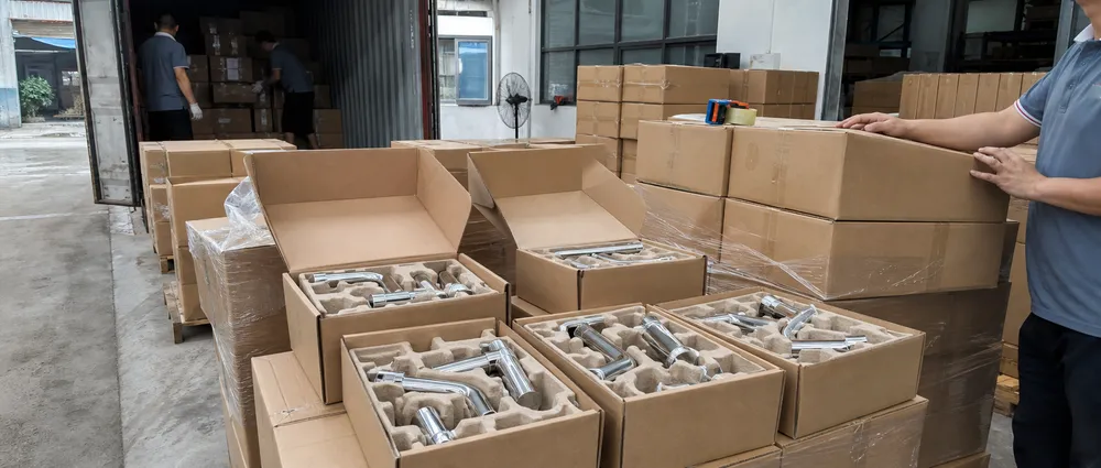 Bathroom sink faucet export packaging with molded pulp inserts and master carton container loading layout