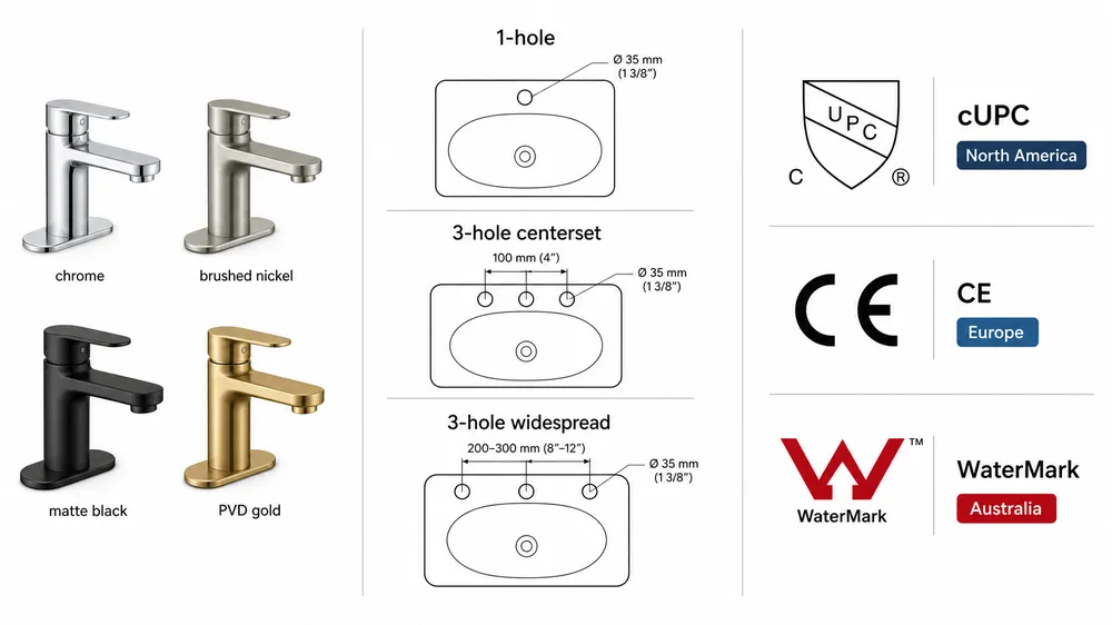 Bathroom Faucet Buying Guide Overview Bathroom faucet finish options, hole configurations, and certification marks displayed side by side for importer reference