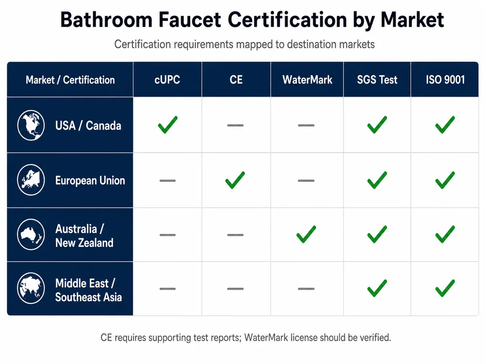 Bathroom Faucet Certification by Market Matrix showing bathroom faucet certification requirements mapped to destination markets including cUPC for North America, CE for Europe, and WaterMark for Australia
