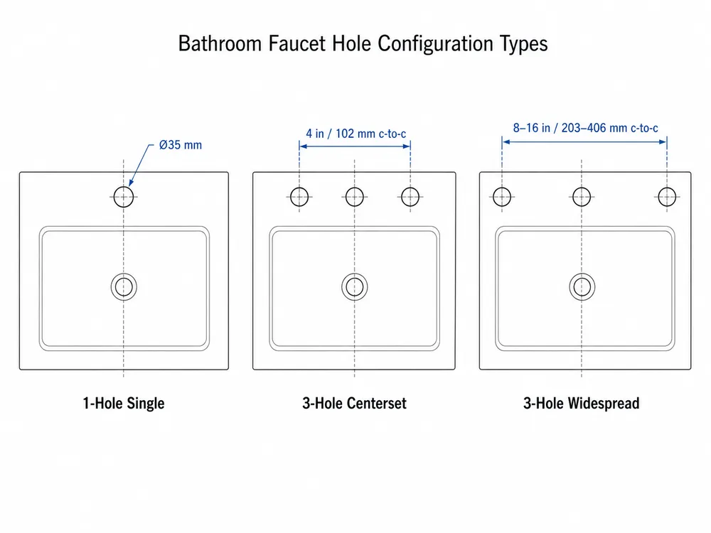 Bathroom Faucet Hole Configuration Types Top-view diagrams of bathroom faucet hole configurations showing 1-hole single, 3-hole centerset, and 3-hole widespread with dimension callouts
