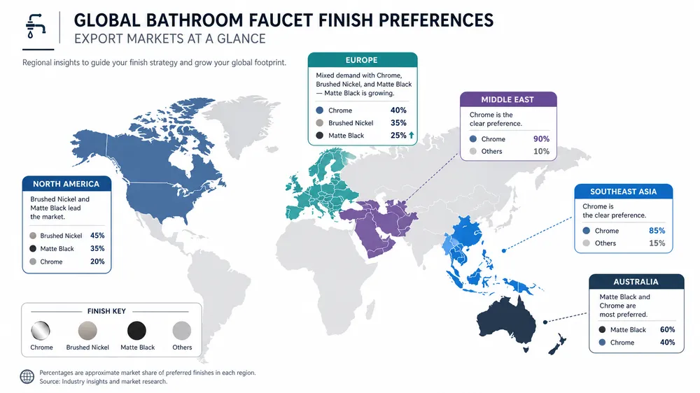 Bathroom faucet finish demand by export market Regional market map showing dominant bathroom faucet finish preferences across North America, Middle East, Southeast Asia, Europe, and Australia