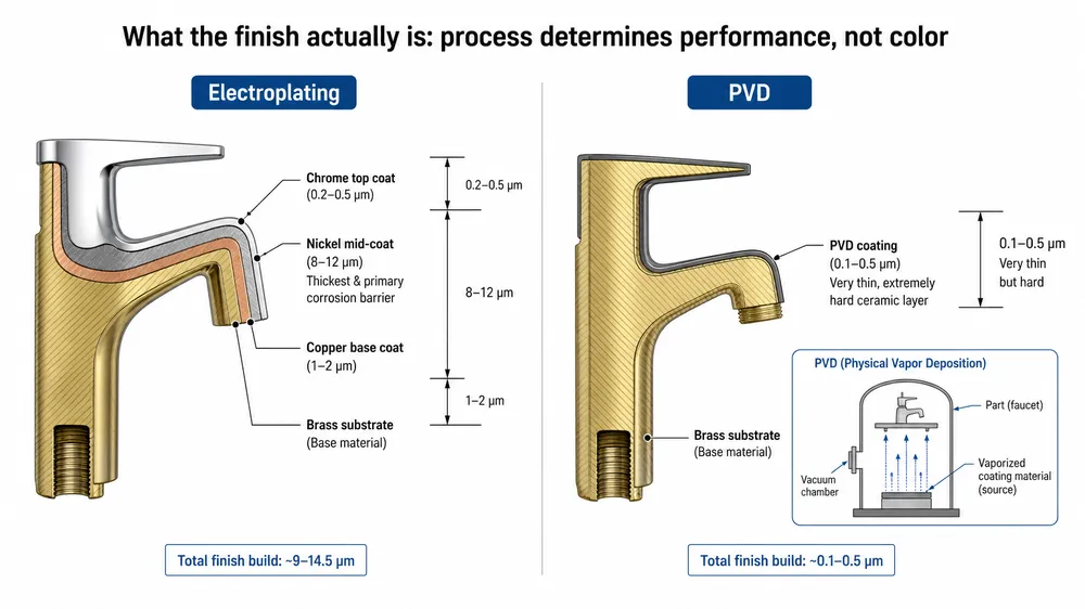 Electroplating vs PVD coating process comparison for bathroom faucets Cross-section diagram comparing electroplating stack (copper, nickel, chrome layers) versus PVD coating on a brass faucet body