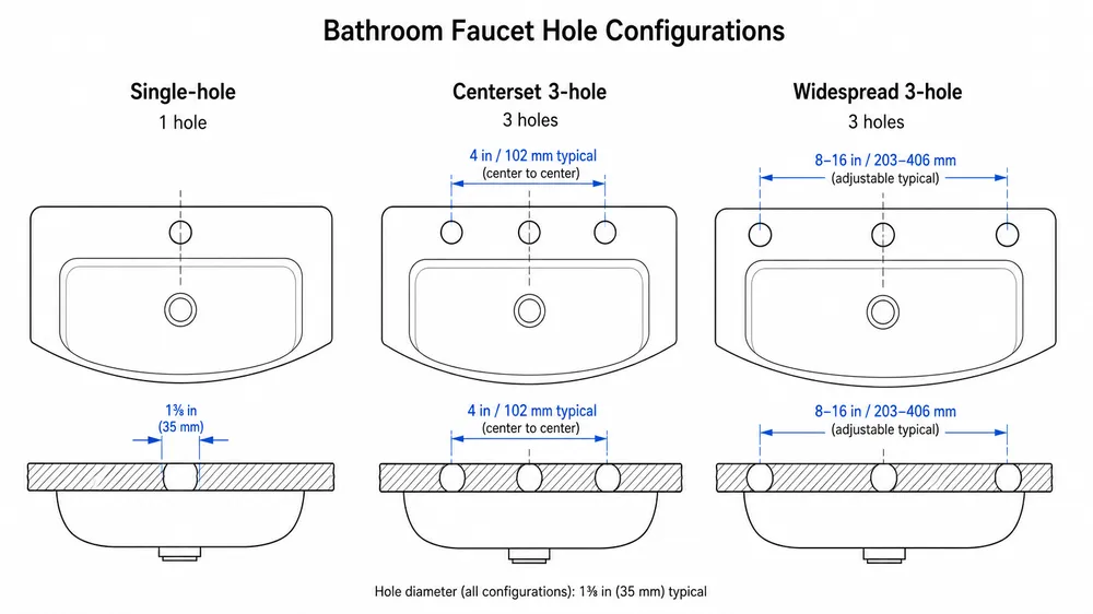 Bathroom Faucet Hole Configuration Types Diagram showing three bathroom faucet hole configurations — single-hole, centerset 3-hole, and widespread 3-hole — with center-to-center spacing dimensions
