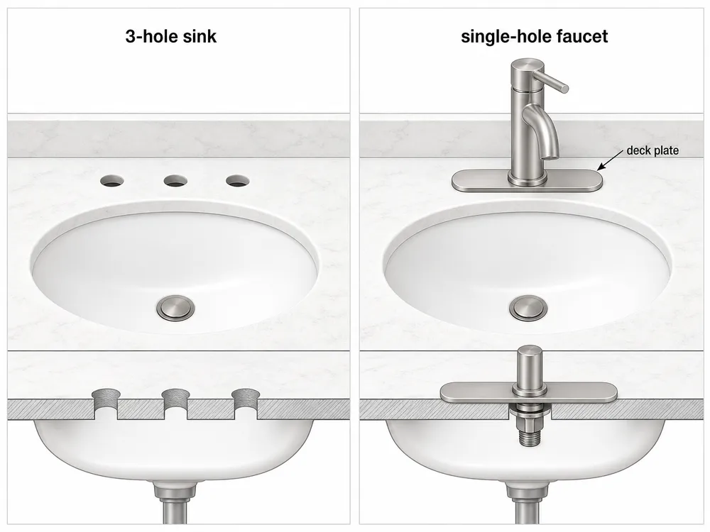 Single-Hole Faucet with Deck Plate on 3-Hole Sink Single-hole bathroom faucet installed on a 3-hole sink using a deck plate cover to fill unused holes