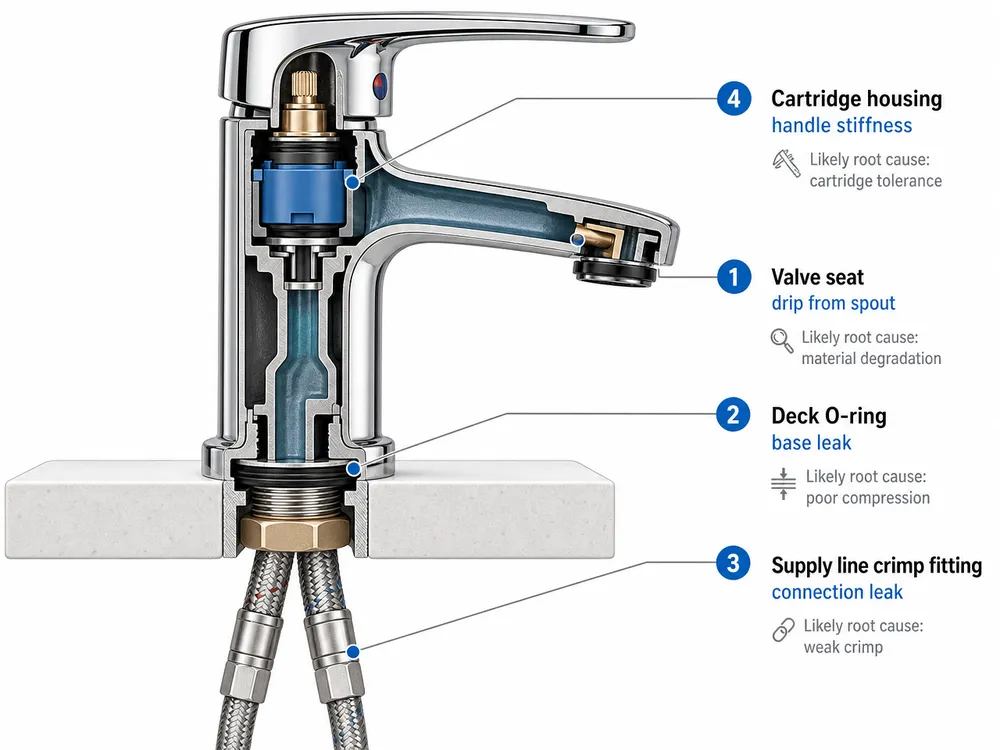 Annotated cross-section diagram of a bathroom faucet showing common failure points including valve seat, O-ring, supply line crimp, and cartridge