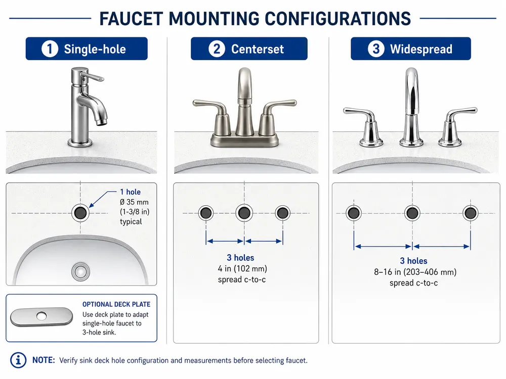 Side-by-side comparison of single-hole, centerset, and widespread bathroom faucet mounting configurations with deck hole dimensions