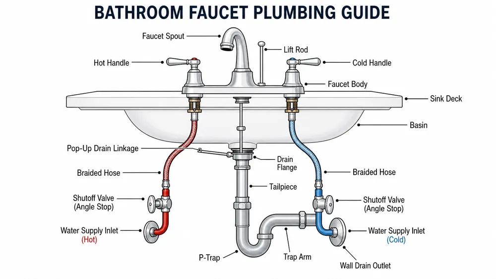 Diagram showing bathroom faucet plumbing connections including supply lines, shutoff valves, and drain assembly