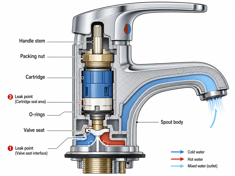 Bathroom Faucet Internal Components Cross-section diagram of a bathroom faucet showing cartridge, valve seat, O-rings, and packing nut positions
