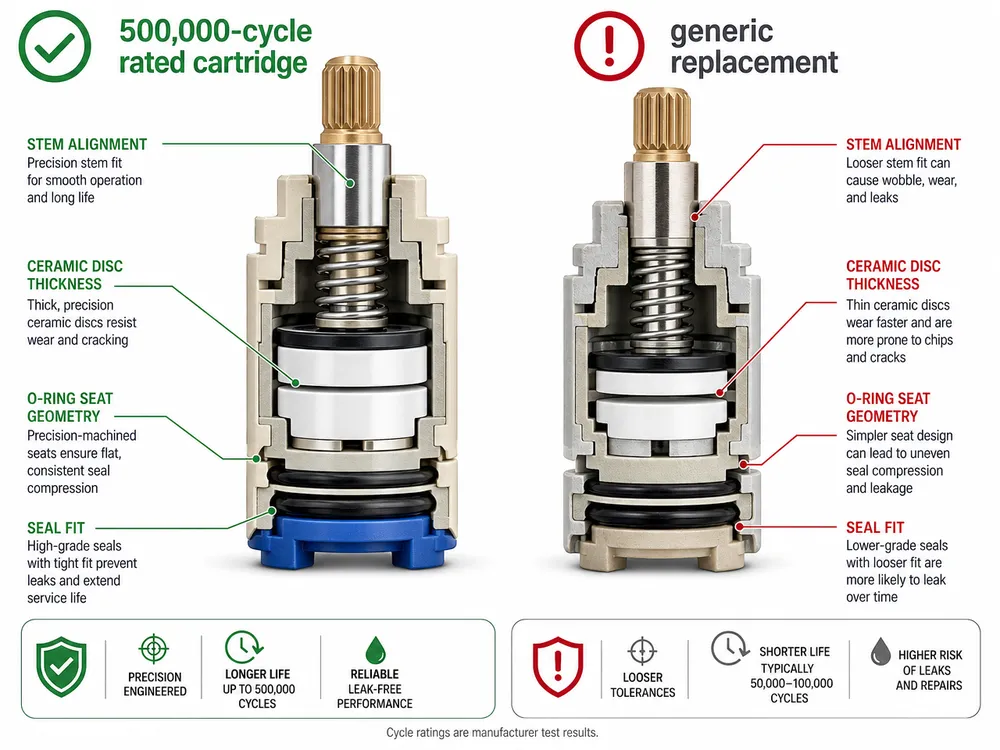 Cartridge Quality Comparison Side-by-side comparison of a properly rated ceramic cartridge versus a low-grade replacement showing internal disc and seal differences
