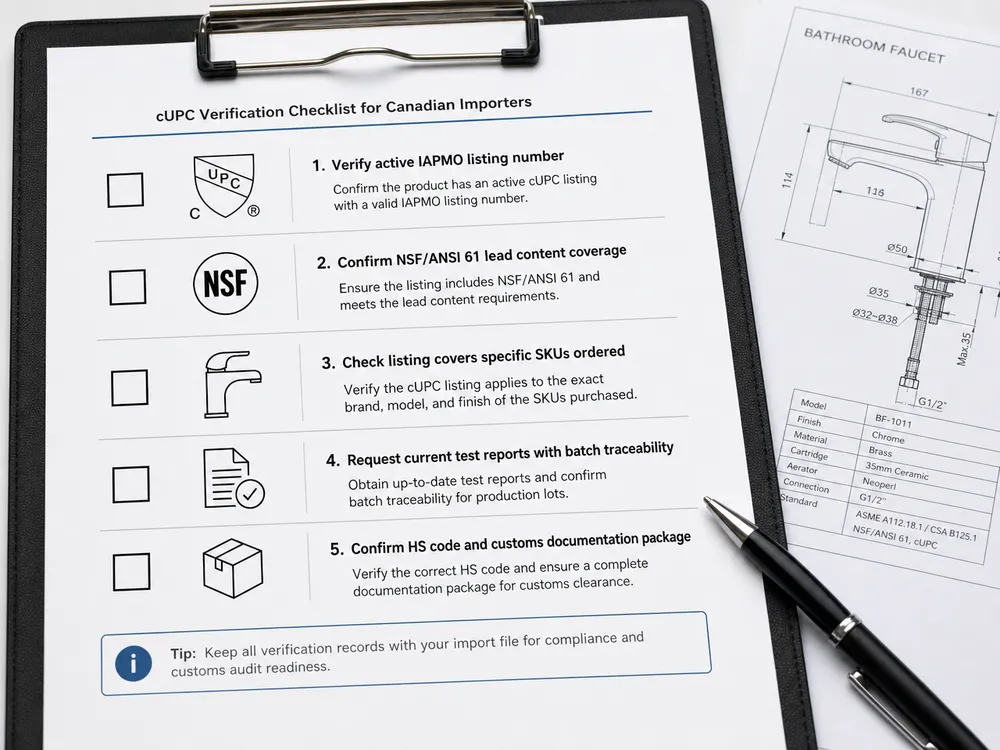 cUPC Verification Checklist for Canadian Importers cUPC certification verification checklist for Canadian bathroom faucet importers showing key document requirements