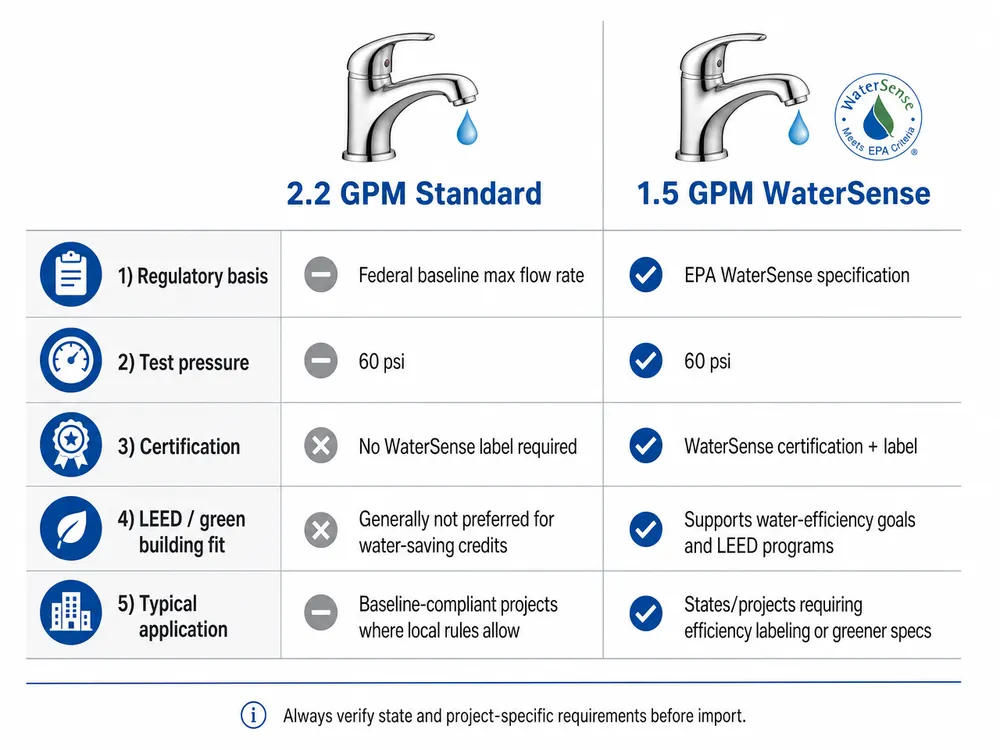 2.2 GPM vs 1.5 GPM WaterSense Faucet Comparison Side-by-side comparison chart of 2.2 GPM standard faucet versus 1.5 GPM WaterSense certified faucet showing certification requirements and application fit