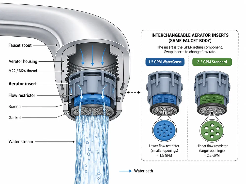 Faucet Aerator Flow Rate Control Diagram Cross-section diagram of a bathroom faucet aerator showing how the insert restricts flow to achieve 1.5 GPM or 2.2 GPM output