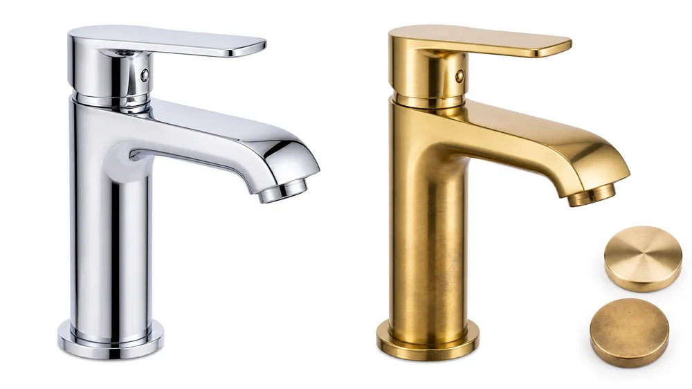 Brass vs Chrome Bathroom Faucet Finish Comparison Side-by-side comparison of brass and chrome bathroom faucet finishes showing surface texture and color differences