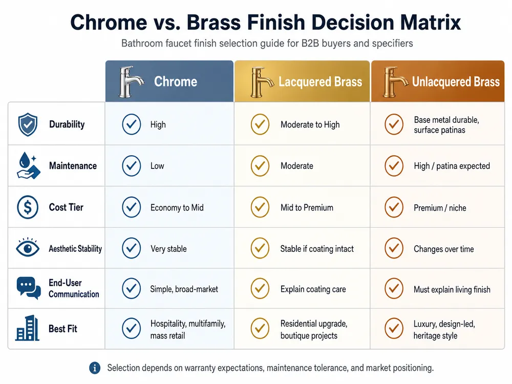 Brass vs Chrome Faucet Finish Decision Matrix Decision matrix chart comparing chrome, lacquered brass, and unlacquered brass bathroom faucet finishes across durability, maintenance, cost, and application fit dimensions