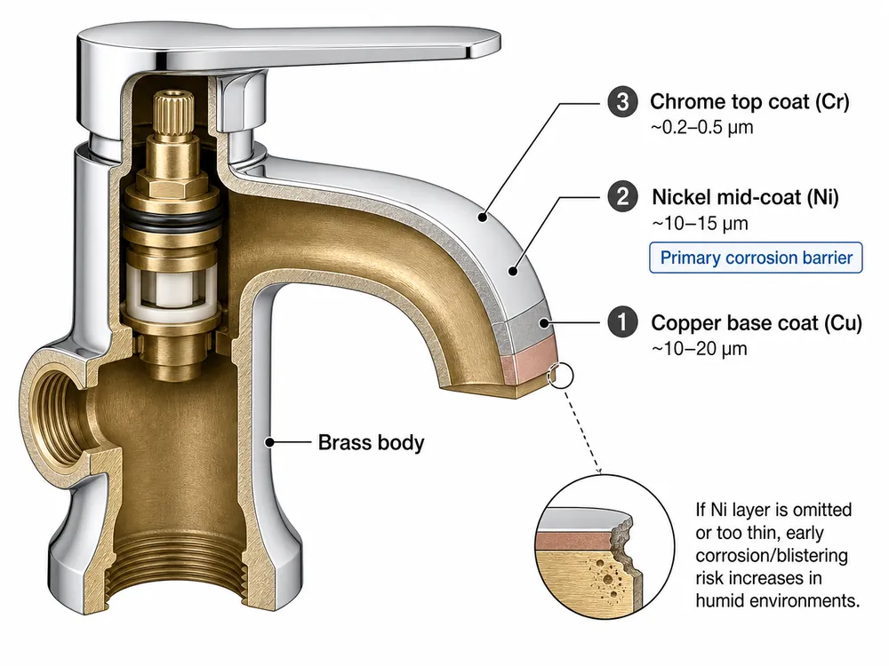 Chrome Faucet Plating Stack: Cu/Ni/Cr Layers Diagram showing the three-layer Cu/Ni/Cr electroplating stack on a brass faucet body with layer thickness annotations