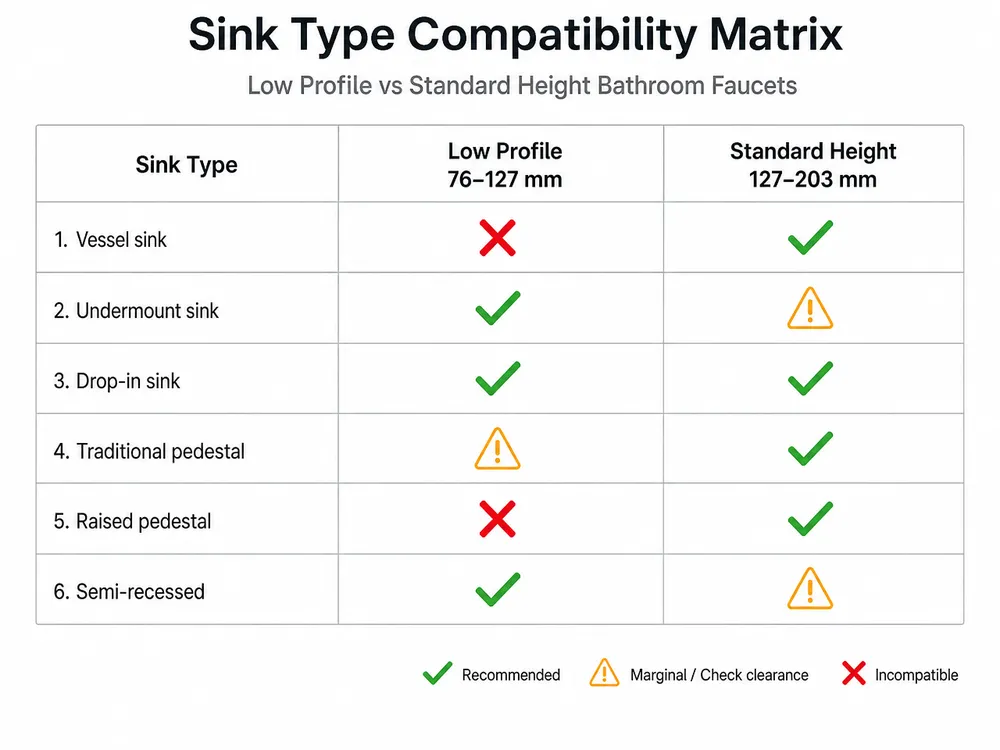 Faucet Height to Sink Type Compatibility Matrix Compatibility matrix showing which bathroom faucet height works with vessel, undermount, drop-in, pedestal, and semi-recessed sink types