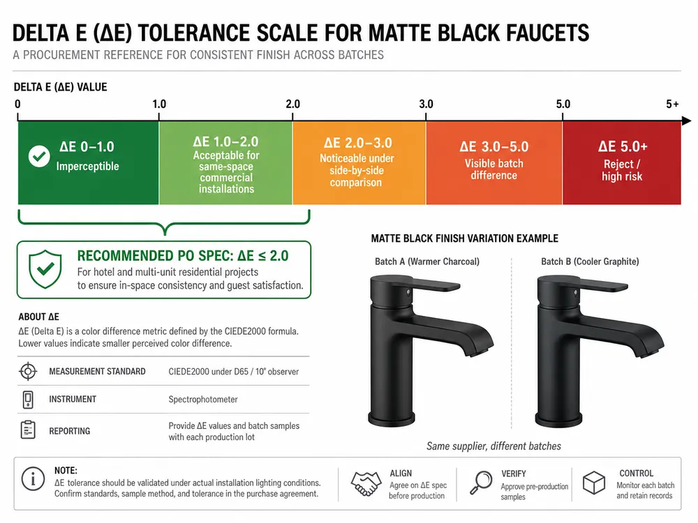 Delta E Tolerance Guide for Matte Black Faucet Sourcing Delta E color tolerance scale showing acceptable ranges for matte black faucet batch consistency in commercial applications