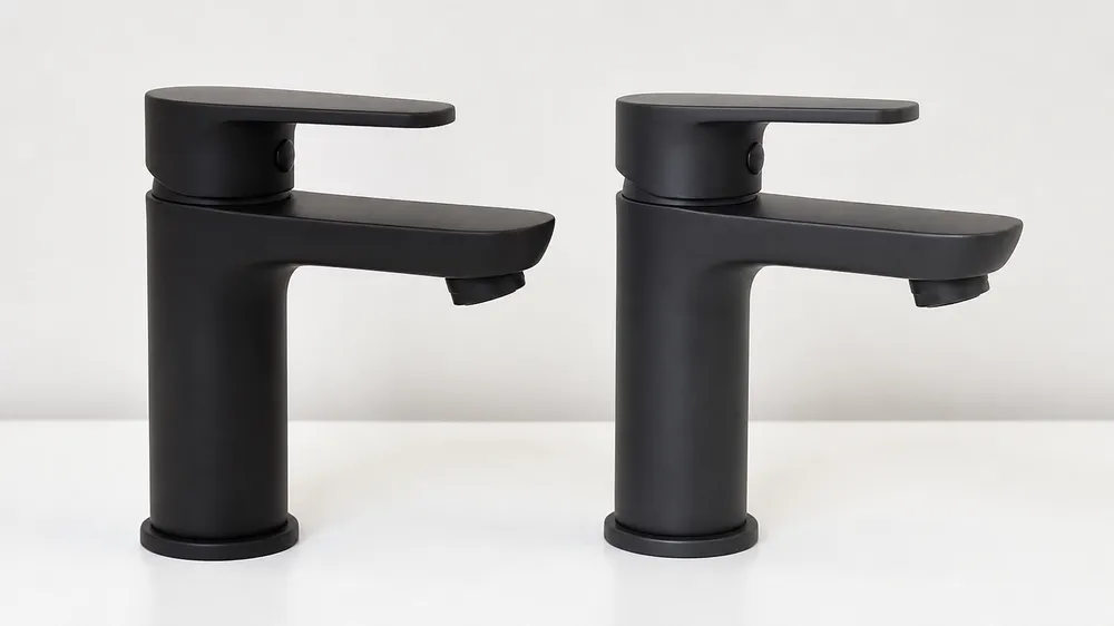 Matte Black Faucet Batch Color Variation Two matte black bathroom faucets side by side showing visible color variation between production batches