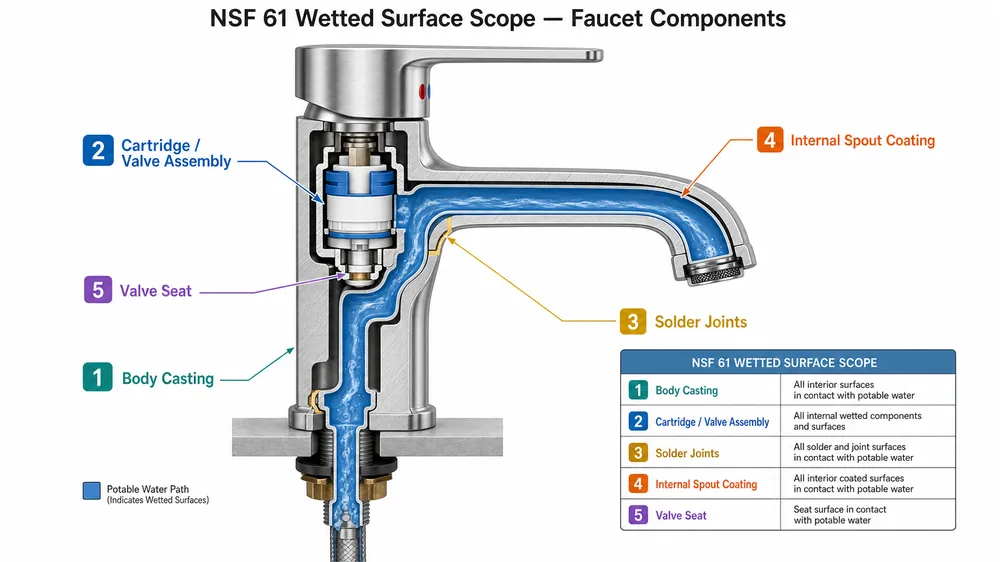 NSF 61 Wetted Surface Scope — Faucet Components Diagram showing all wetted surface components in a stainless steel bathroom faucet subject to NSF 61 testing