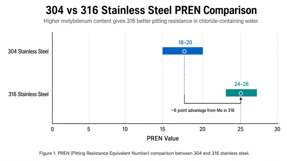 304 vs 316 Stainless Steel PREN Comparison Bar chart comparing PREN values of 304 and 316 stainless steel grades for bathroom faucet corrosion resistance
