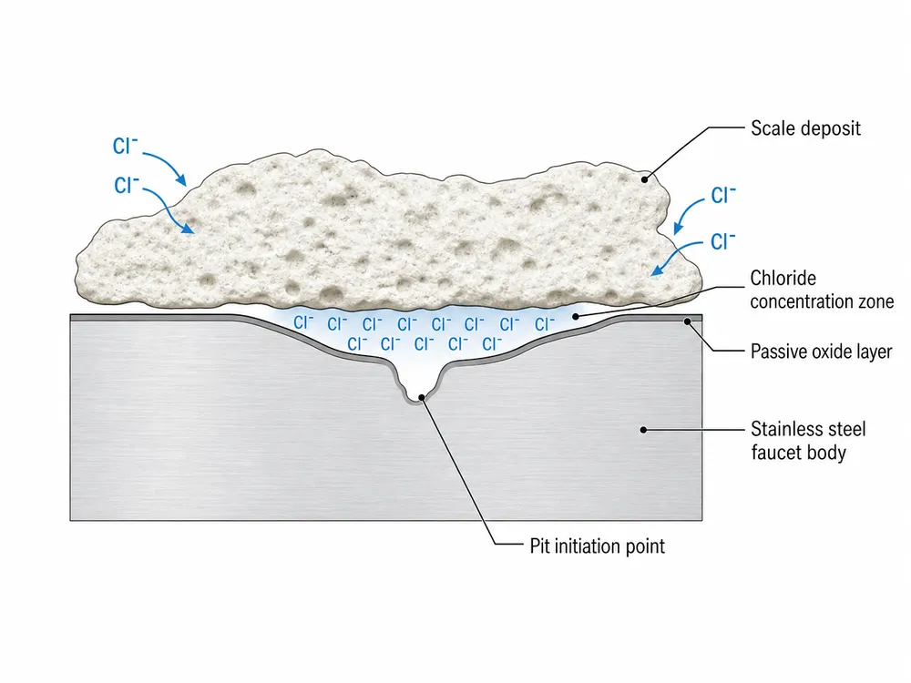 Chloride Pitting Mechanism on Stainless Steel Faucet Bodies Diagram showing chloride ion attack mechanism on stainless steel faucet surface under hard water scale deposits