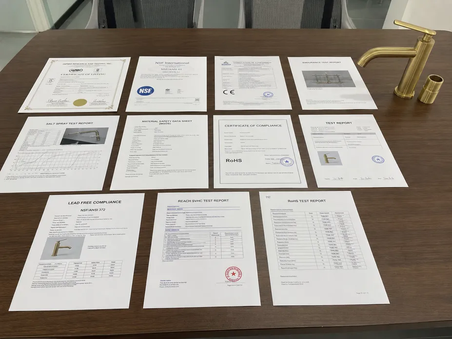 Certification documentation for Wfaucet brass bathroom faucets including cUPC NSF and CE certificates