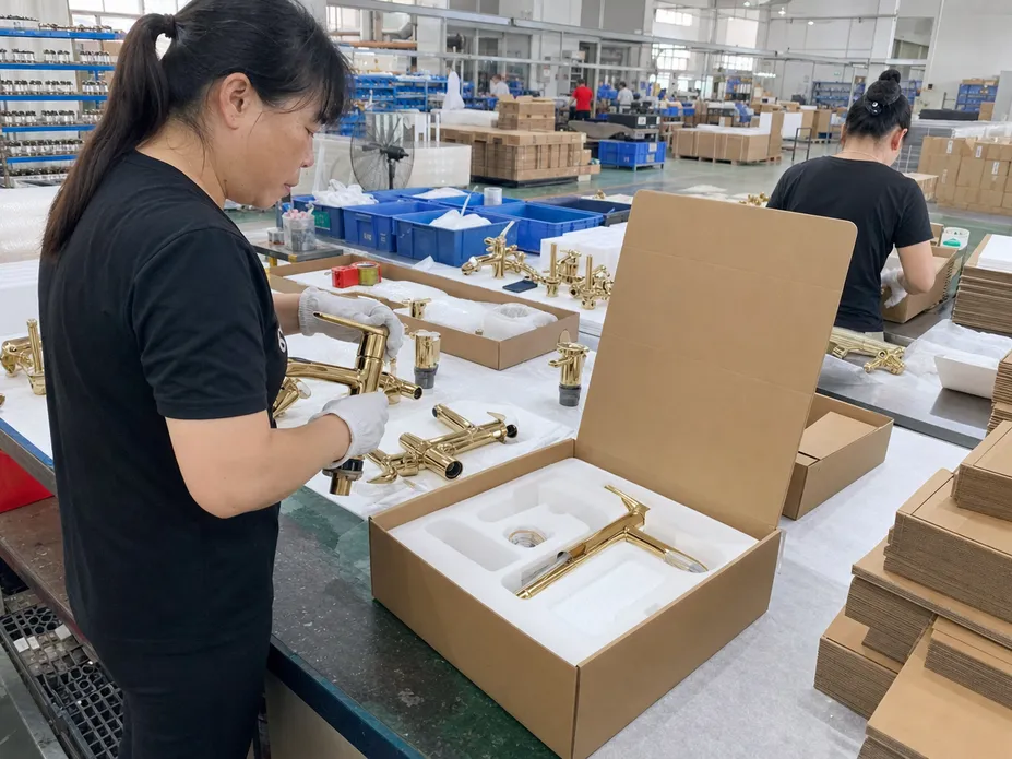 OEM and private label brass bathroom faucet production at Wfaucet factory with custom packaging