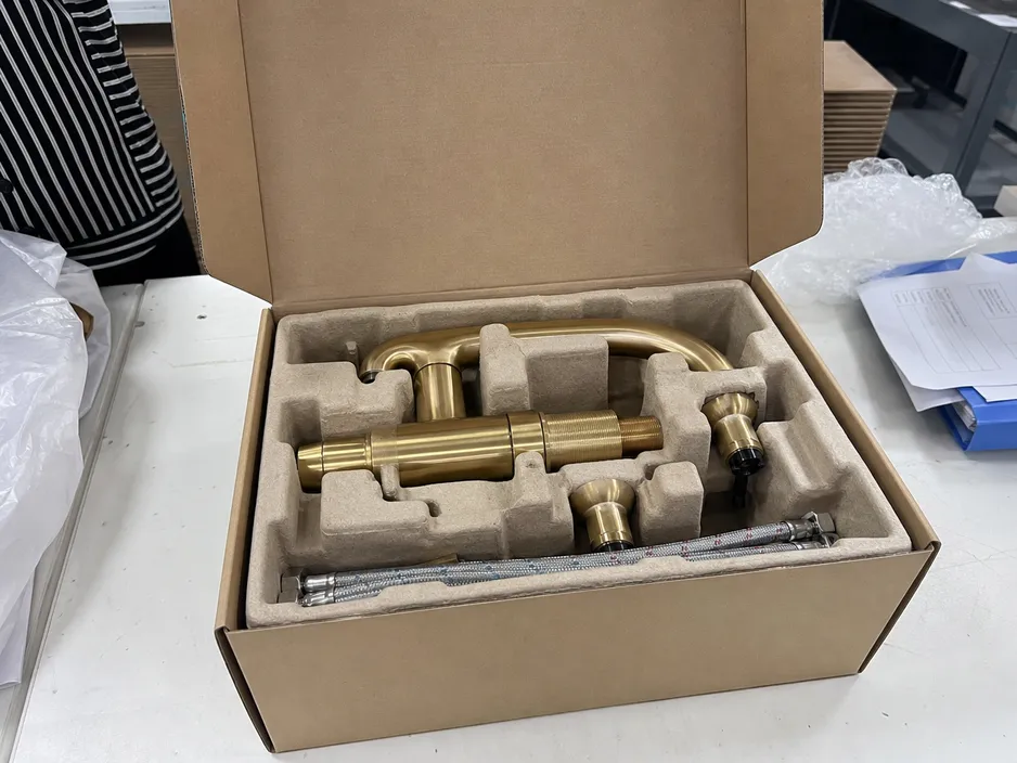 Brass bathroom faucet retail-ready carton packaging with molded pulp insert