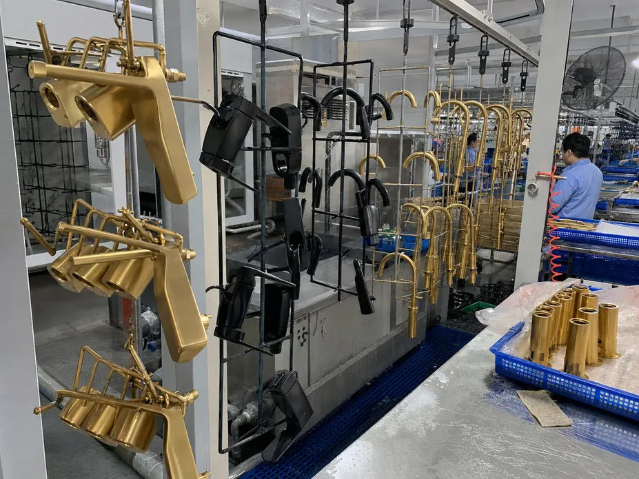 PVD finish line at Wfaucet factory showing brushed gold and matte black brass bathroom faucet finishing process