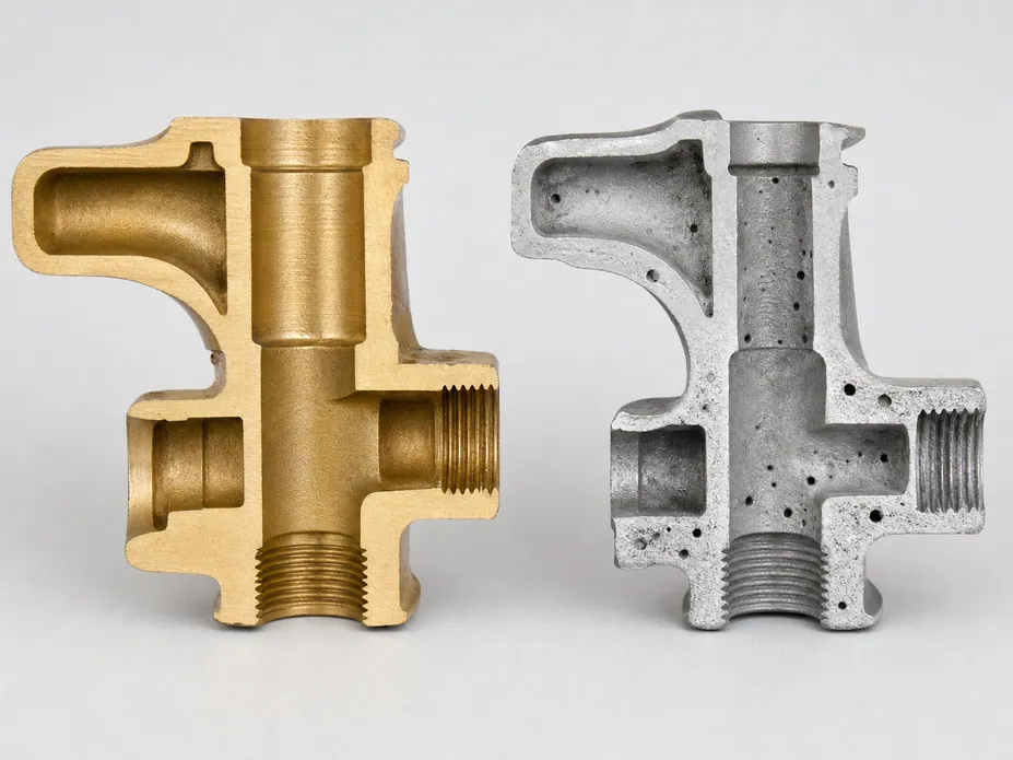 Cross-section comparison of brass faucet body versus zinc alloy casting, showing density and porosity differences