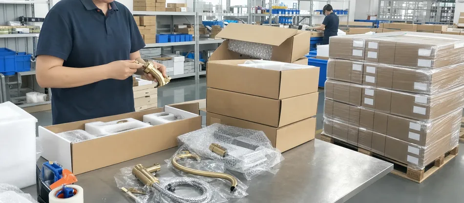 Brass bathroom faucet packaging for e-commerce and Amazon FBA compliance