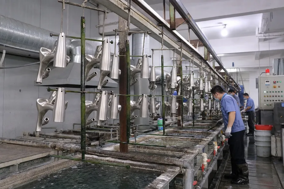 In-house electroplating process for brushed nickel bathroom faucet finish