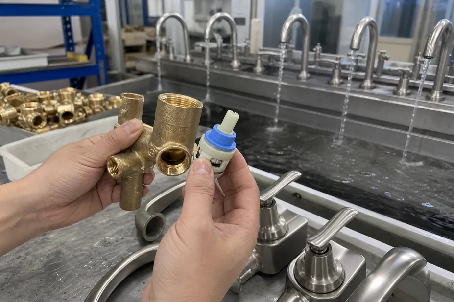 Brass body and ceramic disc cartridge construction of brushed nickel bathroom faucet