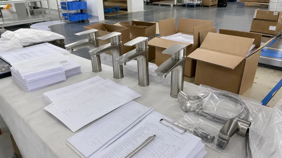 Brushed nickel bathroom faucet sample units ready for shipment with certification documentation