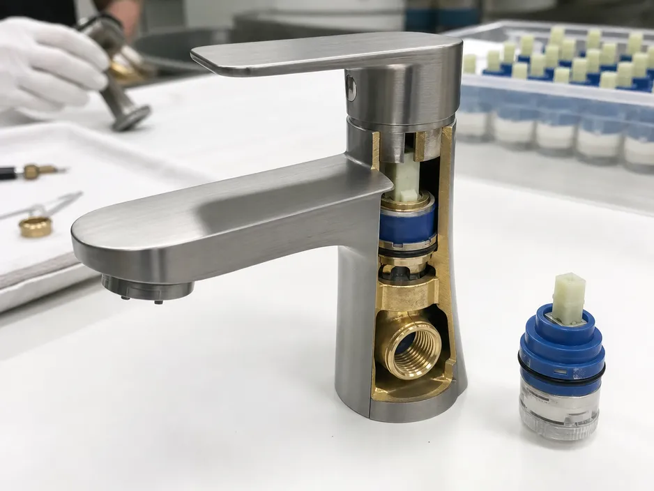 Brushed nickel bathroom faucet technical detail — brass body and ceramic disc cartridge