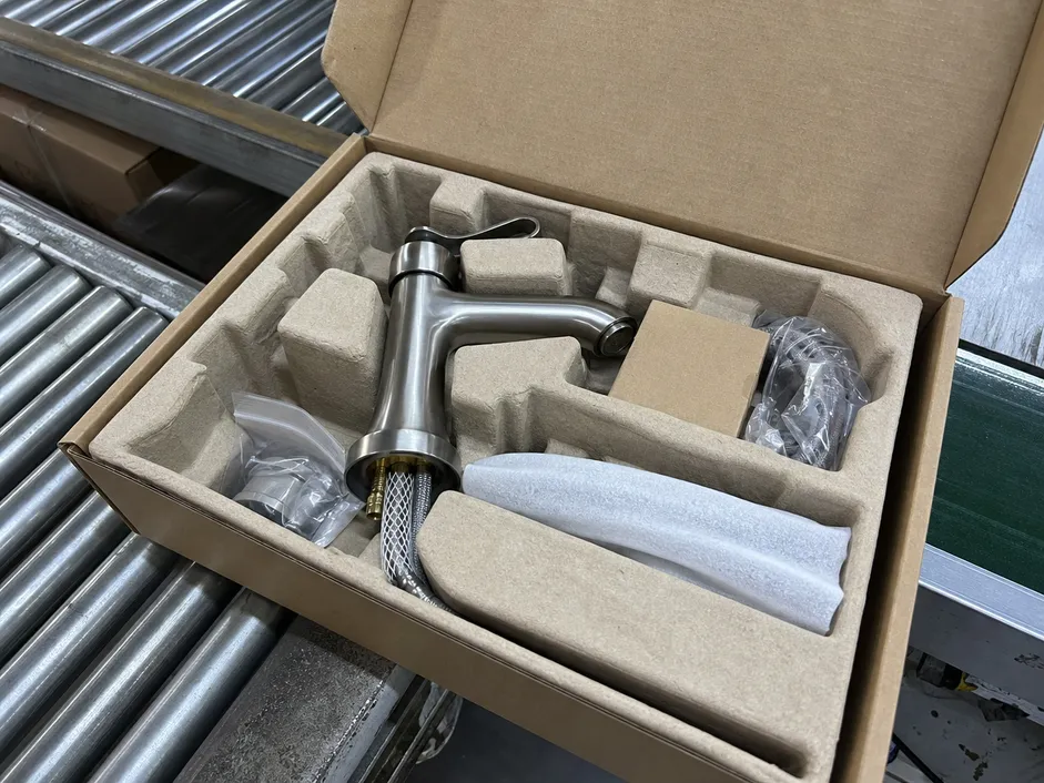 Brushed nickel bathroom faucet export packaging with molded pulp inserts and double-wall corrugated carton