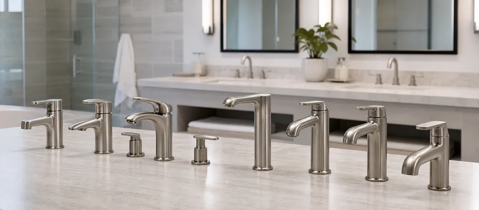 Brushed nickel bathroom faucets for hospitality and multi-unit residential projects