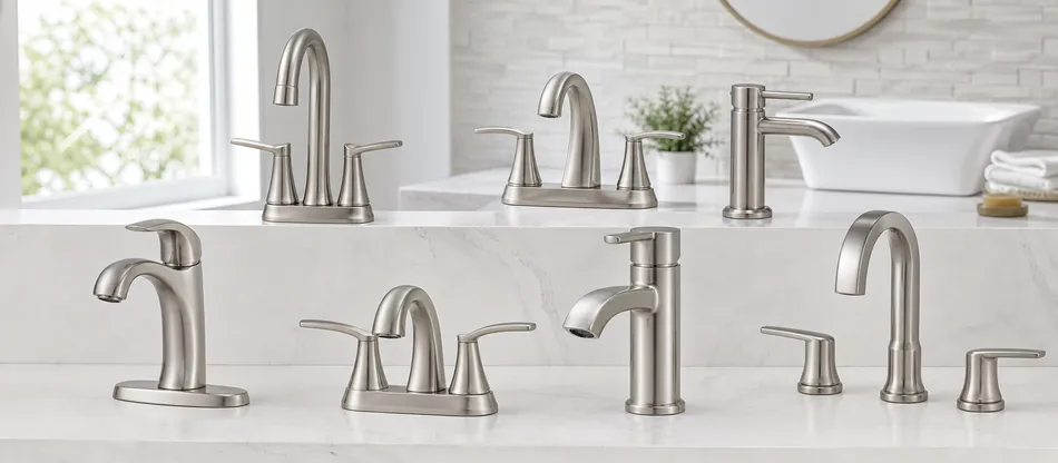 Brushed nickel bathroom faucets for residential renovation supply and home improvement retail
