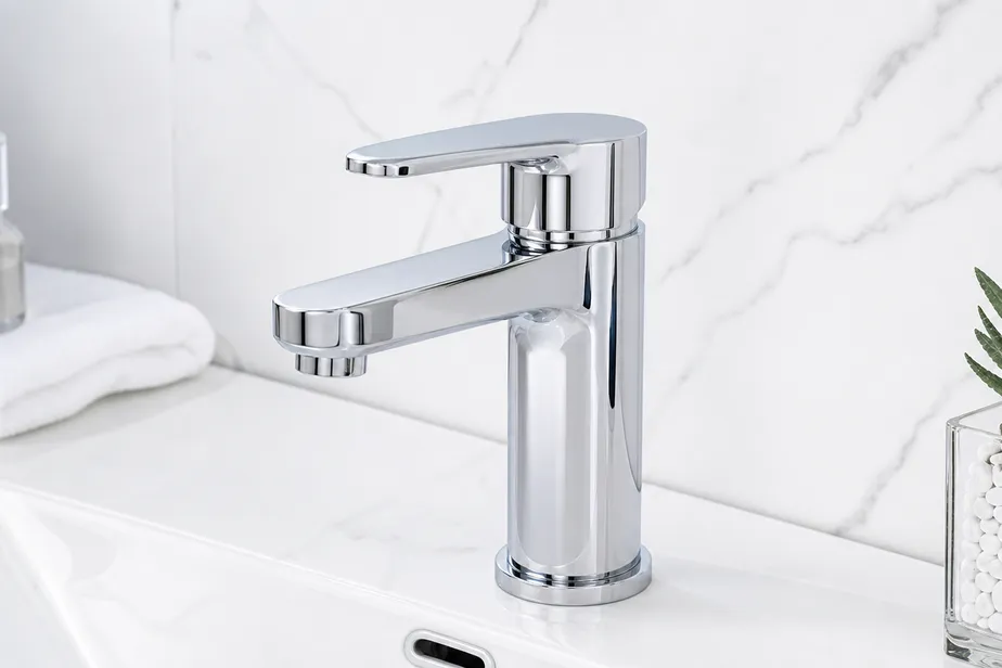 Chrome bathroom faucet with polished three-layer electroplated finish, brass body construction