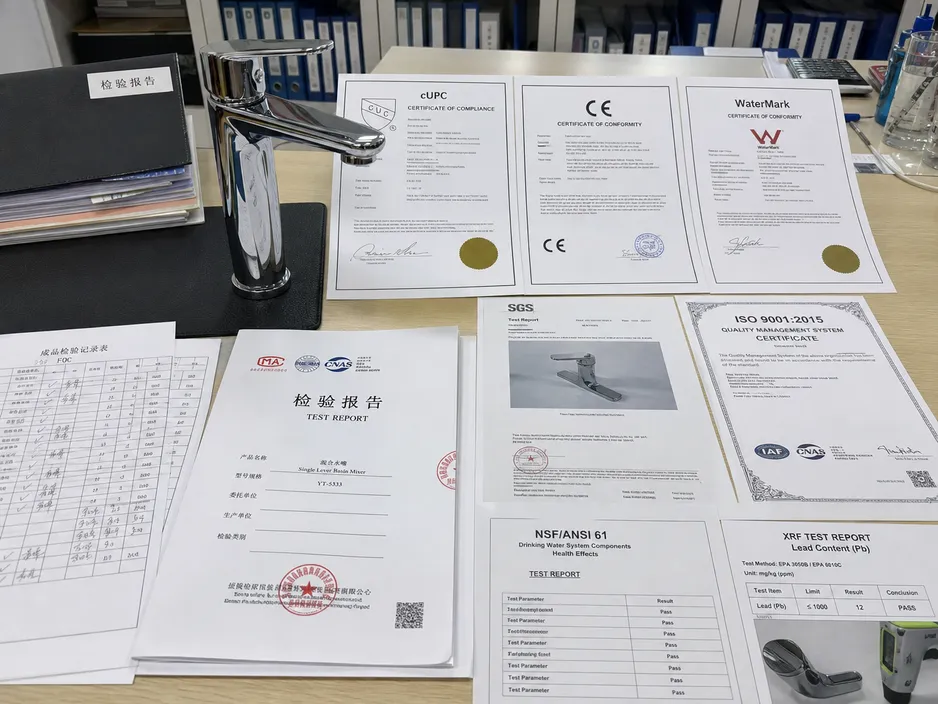 Chrome bathroom faucet compliance documentation showing cUPC, CE, and WaterMark certification test reports