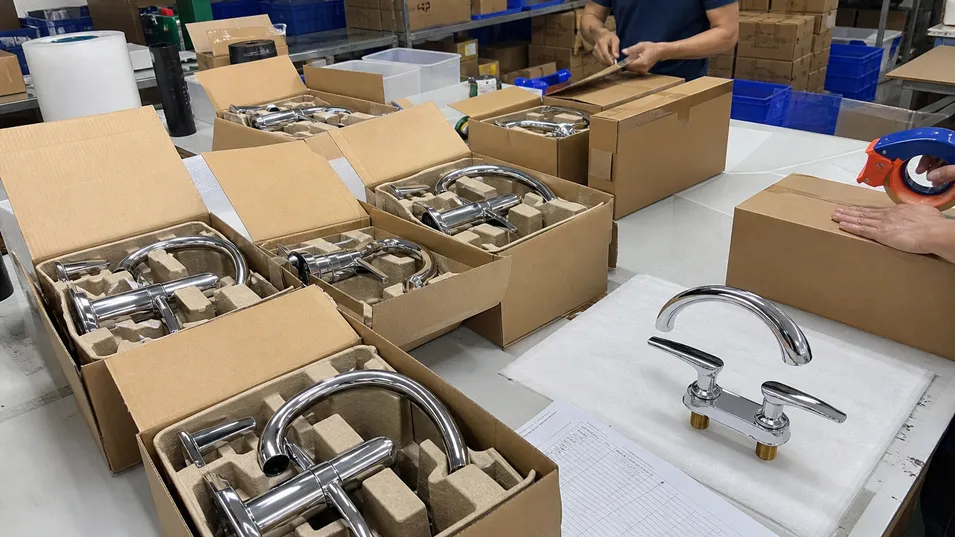 Chrome bathroom faucets packaged for e-commerce and direct-to-consumer fulfillment