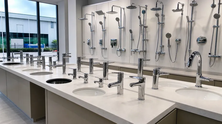 Chrome bathroom faucets displayed across retail and hospitality project contexts