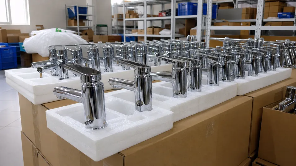 Chrome bathroom faucets specified for residential new construction and multi-unit apartment projects