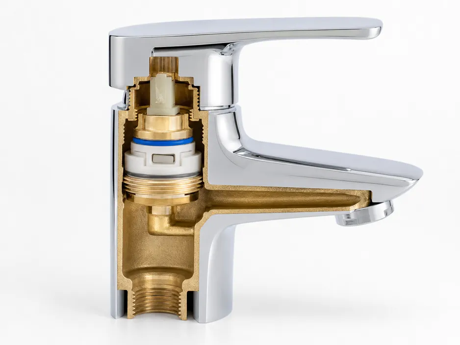Chrome bathroom faucet brass body cross-section showing CNC-machined valve seat and ceramic disc cartridge