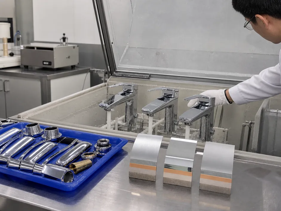 Chrome faucet finish salt spray testing process showing three-layer electroplated stack durability